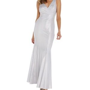Women's Long Crinkle Foil Knit V-Neck Gown